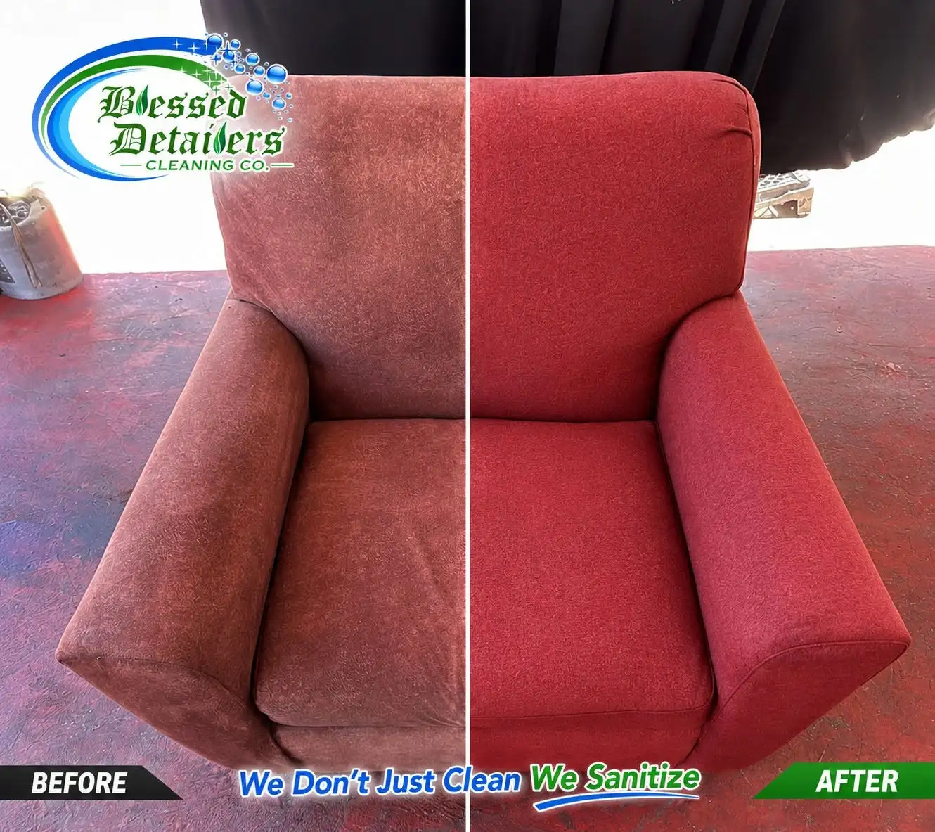 Before and after upholstery cleaning of a red armchair by Blessed Detailers