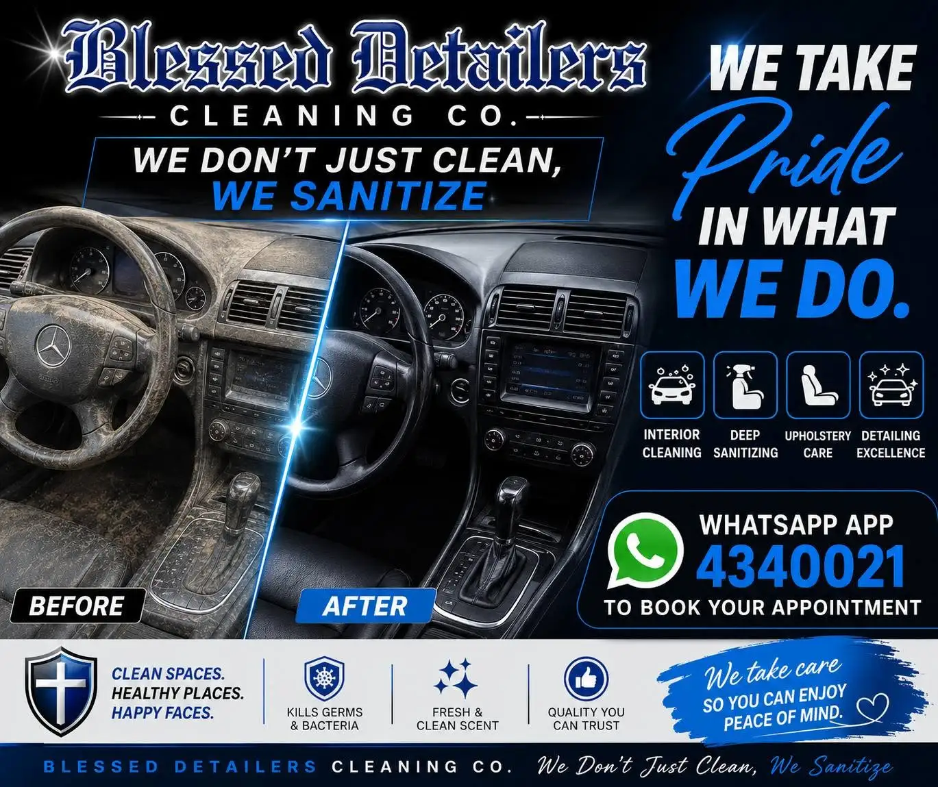 Before and after sanitizing of a vehicle dashboard and steering wheel by Blessed Detailers