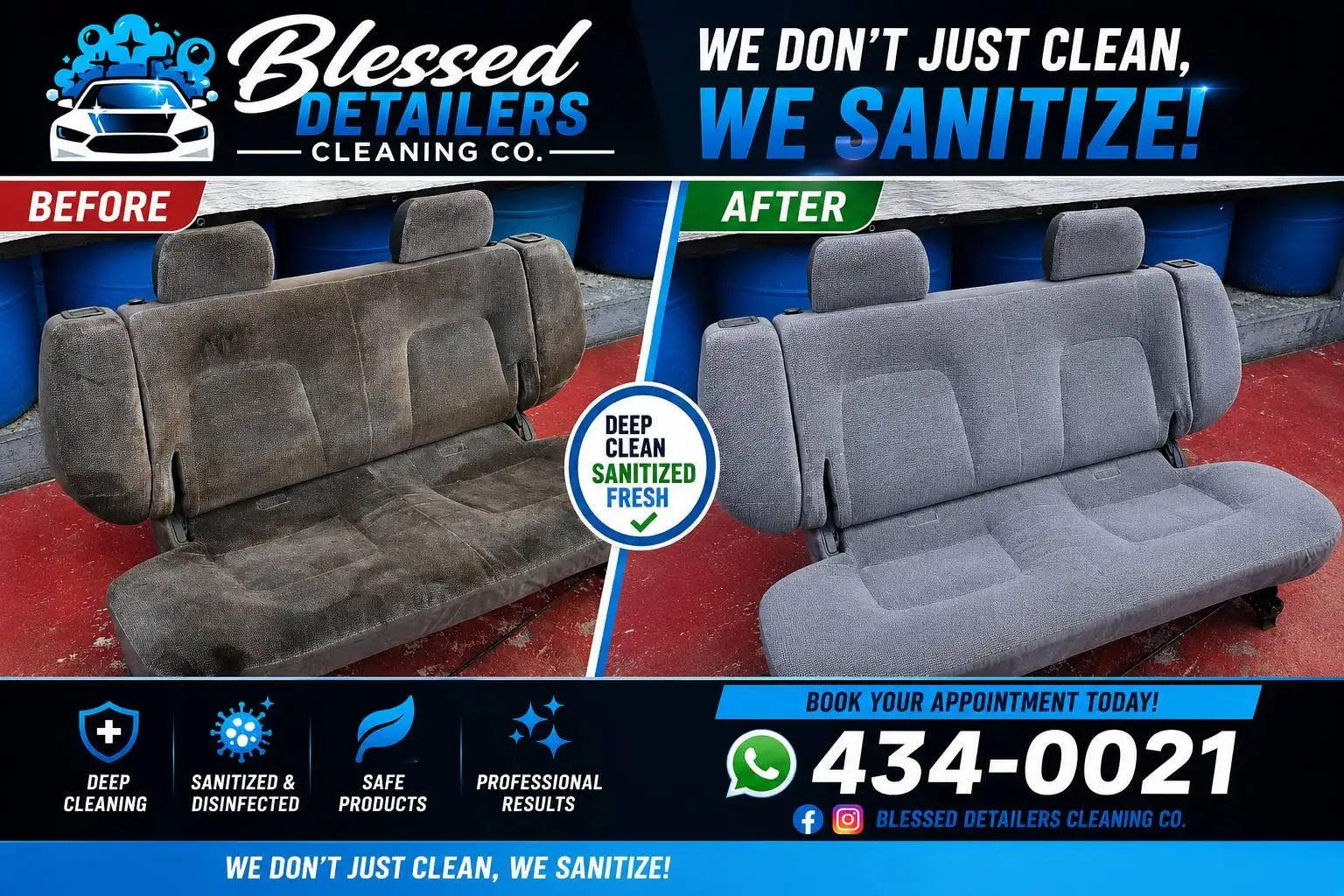 Before and after cleaning of vehicle bench seat upholstery by Blessed Detailers